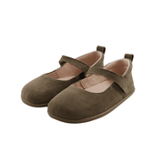Calzado barefoot infantil Hada Mouse, vista lateral en ante oscuro. Papes  confecciona los modelos más respetuosos y bonitos de zapatos barefoot para niños y niñas, hechos en España.